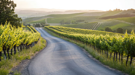 A beautiful rural scene featuring a winding road through lush vineyards at sunset. The landscape showcases rolling hills and vibrant greenery, perfect for nature lovers.の素材