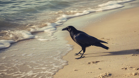 A striking raven explores the sandy beach, its dark feathers contrasting beautifully with the gentle waves and tranquil scenery.の素材