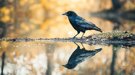 This striking image captures a solitary raven standing by the edge of a tranquil pond, showcasing its reflection amid vibrant autumn leaves. The warm tones and soft natural light create a serene atmosphere, perfect for nature and wildlife themes.の素材