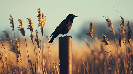A striking image of a solitary bird gracefully perched atop a post, surrounded by golden grasses at sunset, showcasing a serene and tranquil natural scene.の素材