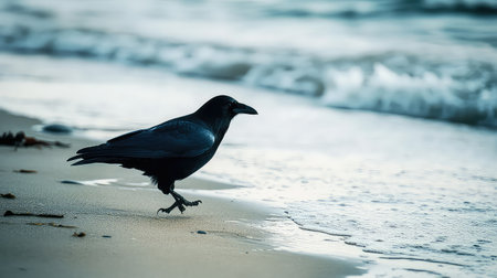 A serene image of a black bird walking along the sandy beach as gentle ocean waves lap at the shore. The tranquil sunset enhances the scene, evoking a peaceful atmosphere.の素材