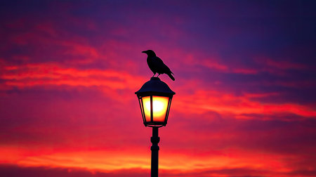A striking image of a bird perched on a street lamp during a dramatic sunset. The silhouette contrasts against vivid colors in the sky, creating a serene and peaceful atmosphere.の素材