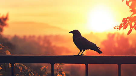 A beautiful silhouette of a raven perched on a railing during sunset, highlighting the warm, vibrant colors of the sky and its serene surroundings.の素材
