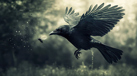 A stunning black bird takes to the air, chasing an insect through a tranquil forest setting. This captivating moment showcases the beauty of wildlife in serene light.の素材
