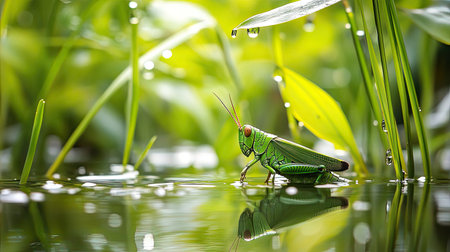 A striking green grasshopper sits gracefully on the serene water surface, surrounded by rich greenery and delicate raindrops. The image captures the essence of a tranquil ecosystem.の素材