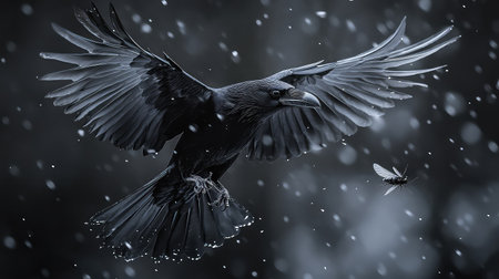 A stunning image of a raven flying through a snowy landscape, showcasing its powerful wings and dark feathers. The scene captures a moment of elegance and mystery.の素材