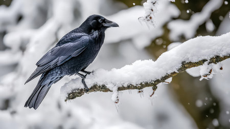 A striking raven stands on a snow-covered branch, showcasing its elegant black feathers against a serene winter backdrop, creating a peaceful nature scene.の素材
