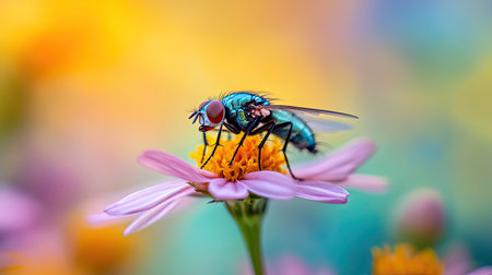 A stunning close-up image showcasing a colorful fly perched on a beautiful flower petal. The vibrant background enhances the delicate features of both the insect and the flower, creating a serene natural scene.の素材