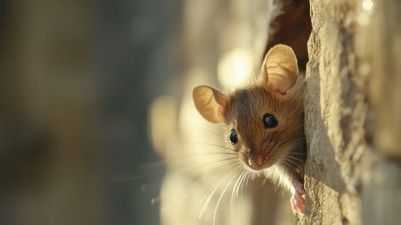 This charming photograph captures a small mouse peeking out from behind a stone wall, bathed in gentle natural light, showcasing its curious nature and adorable features.の素材