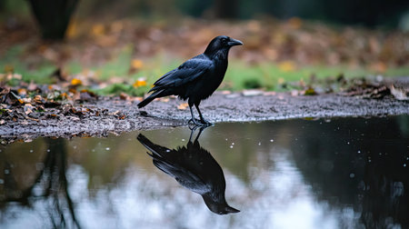 A stunning solitary raven stands next to a puddle, showcasing its striking reflection in the water, set against a picturesque autumn backdrop.の素材
