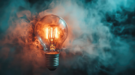 A stunning vintage light bulb emits a warm glow while surrounded by colorful smoke, creating an atmospheric and artistic scene that sparks inspiration.の素材