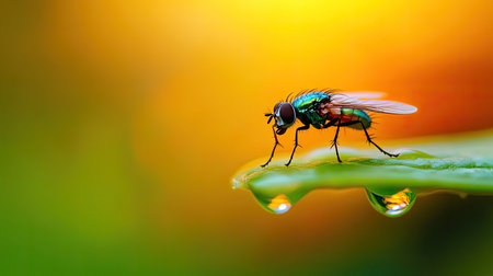 A stunning close-up of a colorful fly perched on a green leaf with water droplets, showcasing intricate details and a vibrant background, ideal for nature lovers.の素材