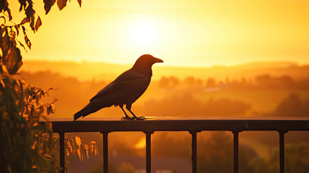 A striking silhouette of a black bird perched on a railing, framed by a stunning sunset that casts warm golden hues over a serene landscape.の素材