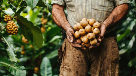A dedicated farmer proudly holds a cluster of freshly harvested fruits in his hands, showcasing the connection between nature and hard work. The lush green environment highlights the beauty of agriculture, emphasizing a sustainable lifestyle and the rewards of diligent effort in nurturing the land.の素材