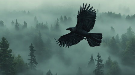 A striking black bird glides gracefully through a fog-laden forest landscape, creating an enchanting scene of tranquility and mystery.の素材