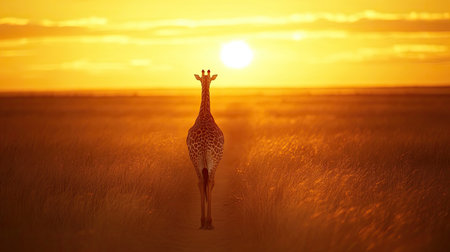 A serene giraffe walks gracefully towards a vibrant sunset, with golden hues illuminating the vast savannah landscape, creating a tranquil scene.の素材