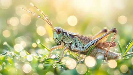 A stunning macro photo featuring a green grasshopper perched on dew-laden grass, illuminated by soft sunlight and a dreamy bokeh background, showcasing the beauty of nature.の素材