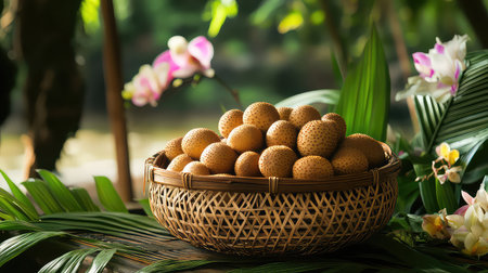 A rustic basket filled with freshly harvested longan fruits showcases their natural beauty in a serene tropical setting adorned with vibrant leaves and flowers.の素材