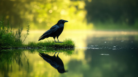 A solitary raven stands on the edge of a tranquil lake, perfectly reflected in the calm water. This serene scene captures the beauty of nature, showcasing vibrant morning light filtering through the trees.の素材