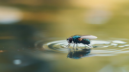 A vibrant insect stands on the water's surface, creating beautiful ripples, surrounded by a serene and soft blurred background, capturing nature's tranquility.の素材