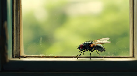 A detailed close-up image capturing a fly resting on a window sill, showcasing its delicate features against a softly blurred green background.の素材