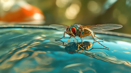 This stunning close-up captures an insect with vibrant red eyes perched on a glossy surface, showcasing intricate details of nature's design and beauty.の素材