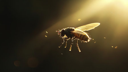 A stunning close-up image of a flying insect illuminated by soft sunlight, surrounded by delicate dust particles, capturing nature's beauty and tranquility.の素材