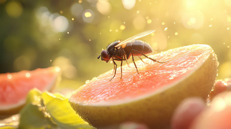 A detailed close-up of a fly perched on a vibrant slice of melon, basking in warm sunlight. The image captures the beauty of nature and fresh produce.の素材
