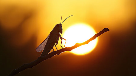 A serene silhouette of a grasshopper perched on a branch as the sun sets in the background. The vibrant golden hues create a tranquil atmosphere, perfect for nature enthusiasts.の素材