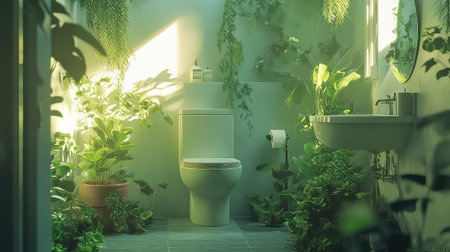 A serene bathroom adorned with lush greenery and ample natural light, creating a tranquil space for relaxation. Ideal for wellness and sustainable living themes.の素材