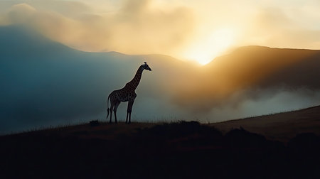 A breathtaking silhouette of a giraffe standing gracefully on a hill, framed by a glowing sunrise. The misty landscape creates a serene atmosphere.の素材