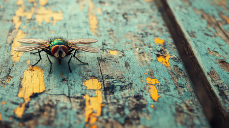 A detailed close-up image showcasing a colorful fly resting on a rustic wooden surface with striking peeling paint, highlighting the beauty of nature.の素材