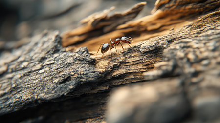 A captivating macro photograph showcasing an ant navigating a rugged wood surface. This image highlights the intricate details of the insect and its natural habitat.の素材