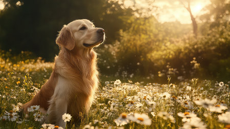 A golden retriever sits gracefully amidst a field of wildflowers as the warm sunlight casts a serene glow, showcasing the joy of nature and companionship.の素材