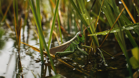 This stunning image presents a vibrant green grasshopper resting among fresh grass and droplets of water, highlighting the beauty of nature and wildlife.の素材