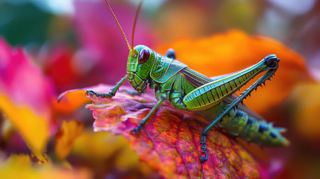 A striking close-up of a vibrant green grasshopper perched on colorful autumn leaves, showcasing intricate details in nature's beauty and diversity.の素材