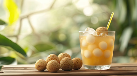 A vibrant cocktail featuring lychee fruit and ice, creating a refreshing summer drink. Perfectly set on a wooden table amidst lush greenery.の素材