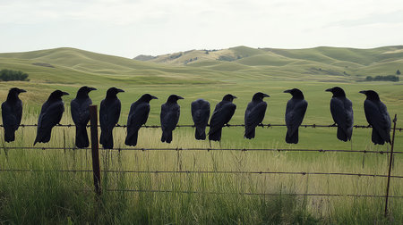 A captivating scene showcasing twelve crows perched on a barbed wire fence, set against a vibrant green landscape with rolling hills and a cloudy sky.の素材