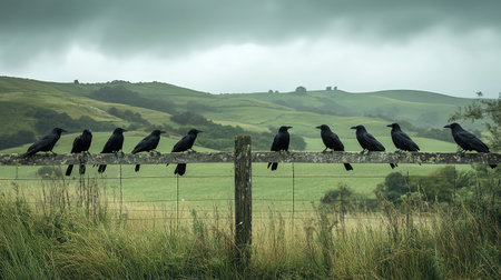 A serene scene featuring ten black birds perched on a wooden fence, surrounded by lush green hills under an overcast sky, showcasing tranquility in nature.の素材