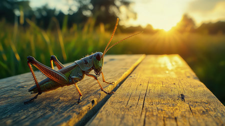 A stunning close-up capture of a grasshopper perched on a wooden surface, illuminated by the warm glow of sunset. The scene showcases intricate details of the insect against a soft, blurred natural background, evoking a serene atmosphere.の素材