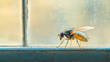 A vibrant insect is perched on a windowsill, showcasing intricate details and colors under soft natural light, capturing a moment of nature's beauty.の素材