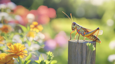 A beautifully detailed grasshopper perched on a rustic wooden post, surrounded by a field of vibrant flowers, showcasing nature's vibrant beauty and tranquility.の素材