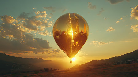 A stunning golden hot air balloon soars through a captivating sunset sky, casting a warm glow over the mountains, creating an enchanting atmosphere.の素材