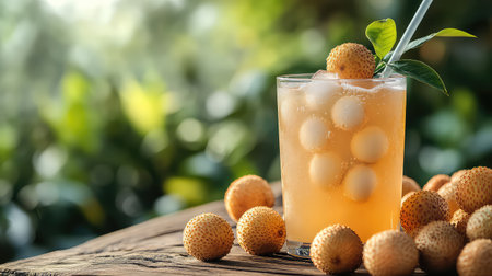 This captivating image showcases a refreshing lychee cocktail served with ice, surrounded by fresh lychee fruits, perfect for summer enjoyment.の素材