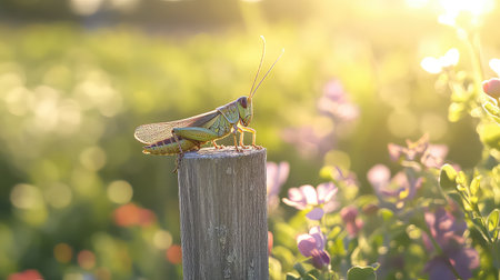 A beautiful grasshopper sits atop a wooden post, surrounded by a colorful flower field illuminated by soft golden hour light, creating a serene atmosphere.の素材