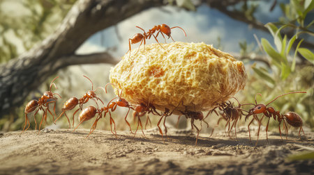 A captivating scene showing a group of ants working together to carry a large food bundle. This image highlights their teamwork and cooperation in a natural ecosystem, showcasing the beauty of insect life and collaboration in the wild.の素材