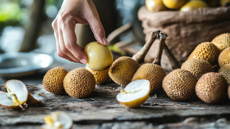 A close-up shot capturing the moment of a hand picking a fresh lychee from a rustic wooden table. The scene highlights the vibrant, juicy fruits arranged beautifully, showcasing their natural textures and colors, perfect for food-related projects.の素材