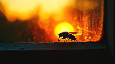 A stunning silhouette of an insect resting on a window sill, framed by a beautiful sunset, capturing the essence of nature's tranquility and beauty.の素材