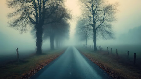 A tranquil misty road leads through tall trees, shrouded in fog. The serene atmosphere invites adventure, perfect for nature lovers and photographers alike.の素材