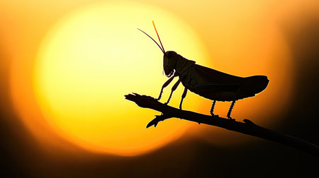 A graceful grasshopper perches on a slender branch, beautifully silhouetted against a radiant sunset, capturing the essence of tranquility in nature.の素材